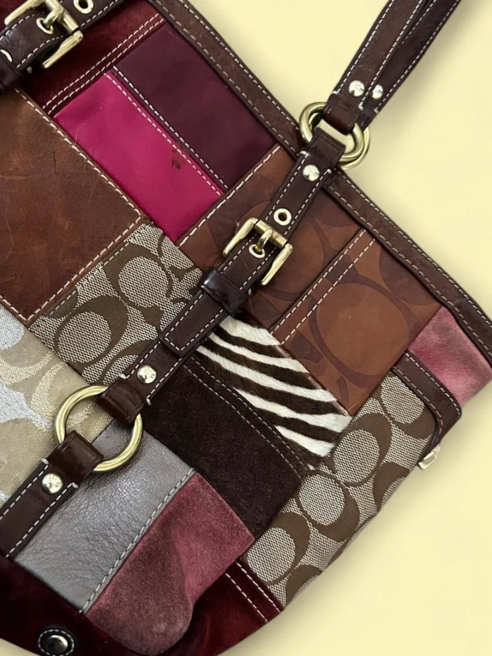 Coach Patchwork Leather Tote in Brown, Pink & Cream